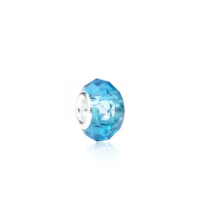 Faceted blue crystal glass bead with silver metal core for DIY charm bracelets