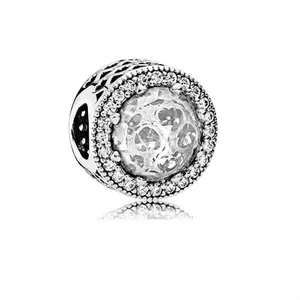 Silver bead charm with multifaceted cat eye stone and micro-pave crystals for DIY bracelets