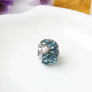 Sparkling DIY blue starfish hollow round bead charm with crystals for charm bracelets