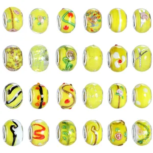Yellow Lampwork Glass Flower Large Hole Beads DIY Charm For Snake Chain Bracelet European Fashion Women Jewelry Making