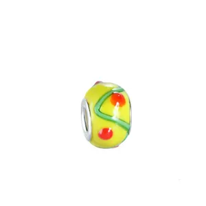 Yellow floral glass charm with green waves and red dots for DIY bracelet sets