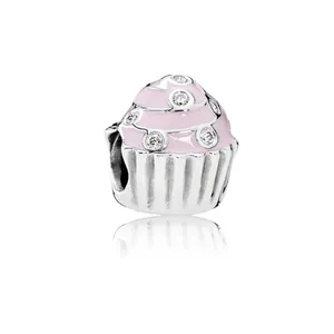 Alloy Pink Enamel Cupcake Charm Bead With White Zirconia For DIY Bracelet Making Women Jewelry Accessories