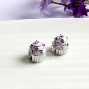 Pink enamel cupcake charms with white crystals for DIY bracelets and necklaces set of 2