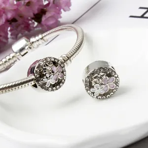 Silbernes Schlangen-Armband mit floralen Emaille-Perlen und funkelnden Kristall-Strasssteinen