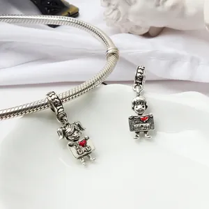 Breloques DIY en alliage d'argent avec figurines garçon et fille I heart MOM et DAD
