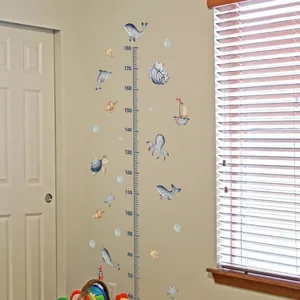 Cartoon Ocean Theme Marine Animal Kids Room Growth Chart Wall Sticker Self Adhesive PVC Height Ruler For Nursery Bedroom Decals