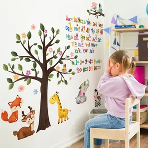 Cartoon Tiere Englisches Alphabet Baum Vogel Kinderzimmer Dekorative Wandaufkleber PVC Selbstklebend Pädagogische Tapete Für Kindergarten Klassenzimmer