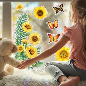 Suncatcher window stickers with sunflower and butterfly designs featuring holographic rainbow light