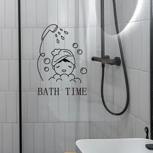 Cartoon Bath Time Bathroom Wall Sticker Creative PVC Line Drawing Character Bubbles Decal For Toilet Shower Glass Door Decor