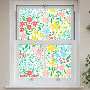 Floral privacy window film with colorful flowers and green leaves for home glass decor