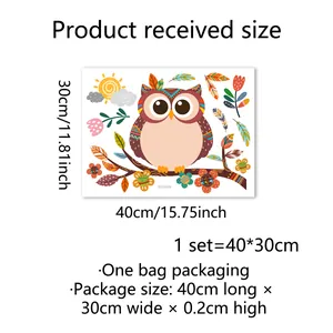 Sticker hibou sur branche fleurie pour fenêtre, autocollant statique double face 40x30cm