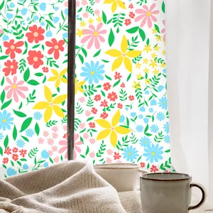 Floral stained glass window film with colorful flowers and green leaves for home privacy