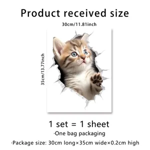 Detailed view of 3D cat wall sticker showing 30x35cm dimensions and cute orange tabby kitten