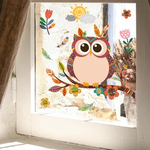 Sticker Fenêtre Hibou Floral Branche Dessin Animé Double Face Visible Statique PVC Décalcomanie Murale Pour Chambre Salon