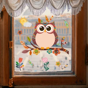 Sticker de fenêtre statique hibou sur branche fleurie pour décoration maison