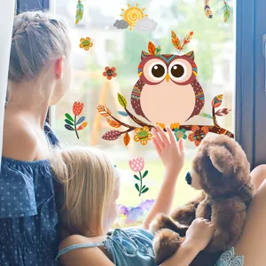 Sticker de fenêtre hibou double face pour chambre d'enfant avec motif floral chaleureux