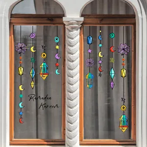 Colorful Ramadan Kareem window stickers with festive lanterns and moon star motifs