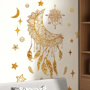 Golden mandala moon and stars wall stickers set with glitter finish for bedroom decor