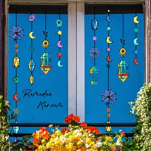 Colorful Ramadan Kareem window decals with moon and star lantern motifs for home glass