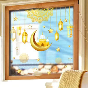Gold Ramadan window decals with crescent moon, mosque and hanging lanterns for home decor
