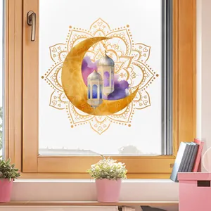 Golden moon and lantern mandala window sticker for Ramadan home decoration on glass