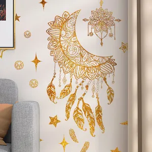 Golden dreamcatcher moon and stars wall decals for modern living room bedroom decor