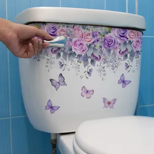 Purple Rose Butterfly Toilet Sticker Waterproof PVC Floral Wall Art Decal For Bathroom Home Decor Modern Style Ornament