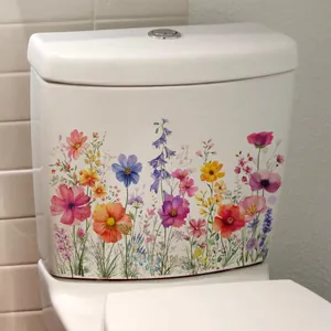 Colorful watercolor floral toilet tank decal featuring vibrant cosmos and wildflowers