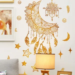 Golden glitter mandala wall decals with sun, moon, and stars for bedroom decor