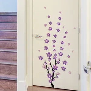 Stickers muraux fleurs de prunier violettes avec branches noires pour déco porte