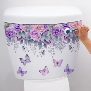 Self-adhesive purple floral wall sticker with butterflies for toilet tank decoration