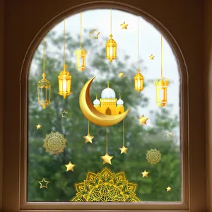 Golden Ramadan moon and stars window decals set for festive home glass decoration