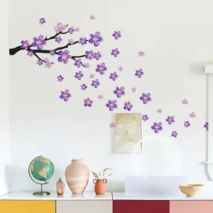 Sticker Mural Fleuri Branche De Fleurs De Prunier Violet PVC Autocollant Décalcomanie Décorative Pour Salon Chambre Art Mural