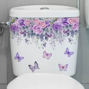 Purple floral and butterfly waterproof PVC wall stickers set for toilet decoration