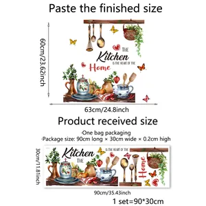 Size specifications for kitchen wall stickers with heart of home quote and utensil icons