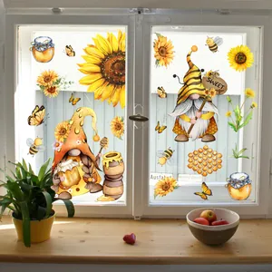 Cartoon bee gnome sunflower static window clings for cozy home glass decoration