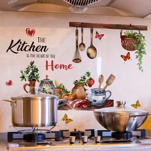 Kitchen Is The Heart Of The Home Wall Stickers PVC Decorative Decal Butterflies Floral Cookware For Kitchen Dining Room Background Decor