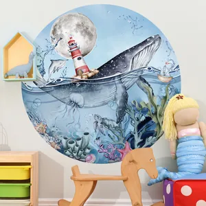 Cartoon whale lighthouse ocean world round wall decal for kids nursery room decor