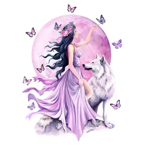 Creative wall sticker featuring a woman in purple dress with a white wolf and pink moon