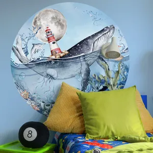 Cartoon ocean world round wall sticker featuring whale lighthouse and moon on a blue wall