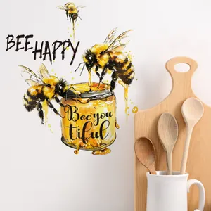 Watercolor honey bee and jar wall stickers with Bee Happy text for kitchen decor