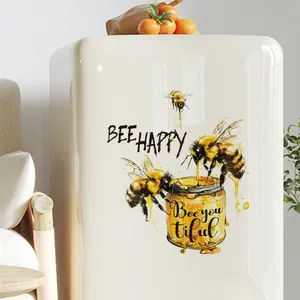 Kitchen fridge sticker featuring bees and honey jar with 'Bee Happy' text on refrigerator