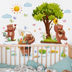 Cartoon Bear Forest Tree Wall Stickers Kids Bedroom Nursery Decor Waterproof Removable PVC Animal Butterfly Art Decal