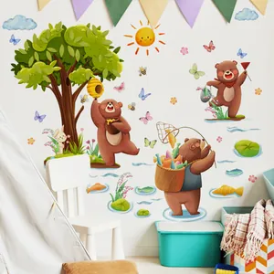 Cartoon forest bear wall stickers for kids bedroom with trees honey and sun decoration