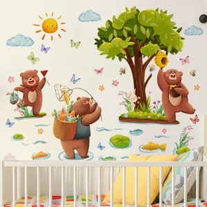 Cartoon forest bear wall stickers for nursery room decor with sun and trees decals