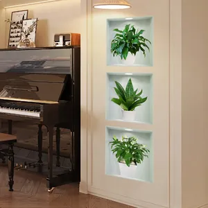 Set di tre adesivi murali 3D piante verdi con effetto nicchia luminosa per il soggiorno
