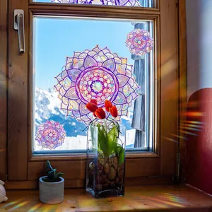 Holographic mandala window suncatchers with geometric prism effect for home decor