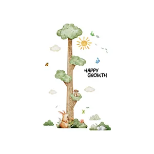 Cartoon animal growth chart wall sticker for kids room with trees and birds height scale