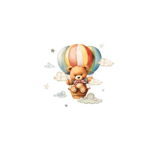 Cartoon teddy bear hot air balloon wall sticker with stars and clouds for nursery decor