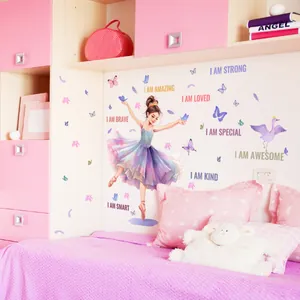 Cartoon ballerina wall decal with purple tutu and inspiring quotes for kids room decor